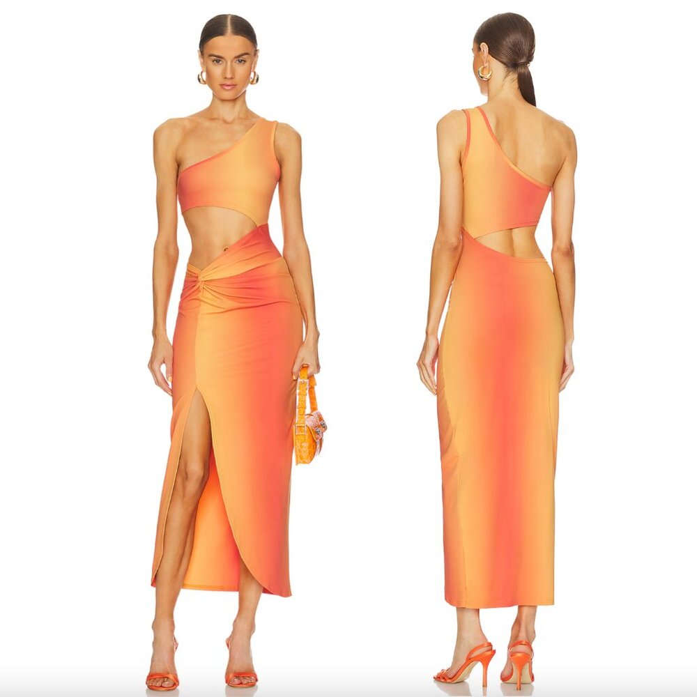 OW Collection Isabel Maxi Dress in Gradient Print Orange One Shoulder Cut Out XS